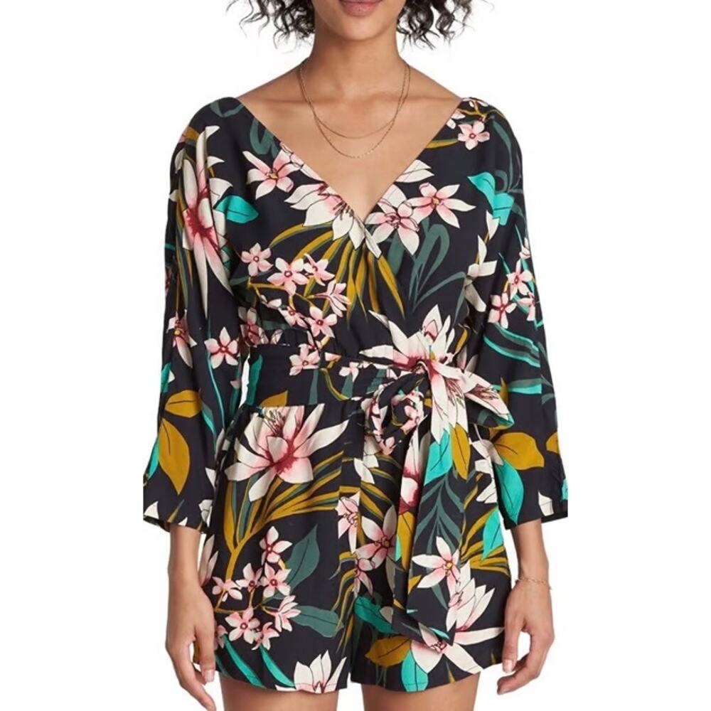 Women’s Black Floral V-Neck Tie-Waist Romper